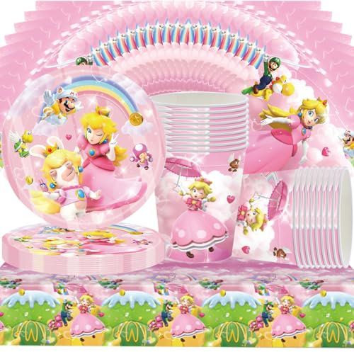 Prinzessin Pfirsich Partygeschirr Set,Doyomtoy Serve 20 Gäste Princess Peach Geburtstag Partygeschirr,Tischdecken,Teller,Tassen,Servietten für Partyzubehör Geburtstag