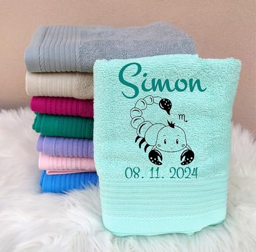 Wuff-Dogsworld Kinderhandtuch mit Sternzeichen, Namen & Geburtsdatum Bestickt, viele Farben, für Mädchen & Jungen, 100x50 cm, 100% Baumwolle