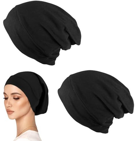 LUFFLOK 2er Pack Beanie Mütze Damen & Herren, Schwarze Dünne Mütze aus Baumwolle, Leichte Slouch Turban und Schlafmütze, Haarverlust-Chemo Mütze, Unisex mit Elastischem Rand