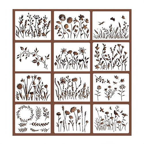 CZAKOMIX 12 Blätter DIY Blumen Schablonen Für Anfänger，Schablonen Malen，Pflanzen Schablone – Perfekt Für Wandmalerei, Textilgestaltung, Bastelprojekte Und Mehr