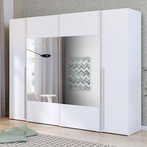Forte NARAGO Kleiderschrank 270, 4-türiger Dreh-/Schwebetürenschrank mit Spiegel, Einlegeböden und Kleiderstange, Holzwerkstoff, Weiß, 270,3 cm breit, 210,5 cm hoch, 61,2 cm tief