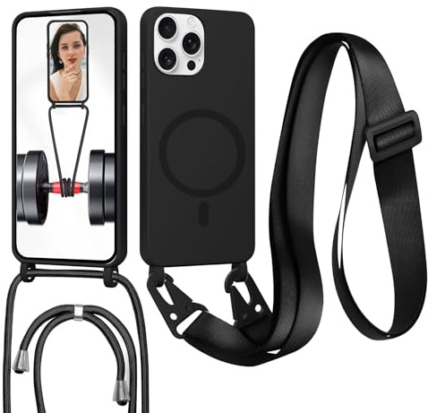 FERLAN Handykette mit Band für iPhone 13 Pro Hülle, Lanyard (abnehmbar) Handyhülle Case mit justierbarer Schnur Abnehmbar Strap, Crossbody Schutzhülle zum Umhängen Kordel, Schwarz