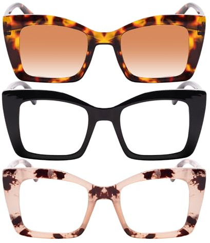 QXEYEGLAS 3er-Pack Übergröße Oprah Lesebrillen 1,5 Damen mit Lesesonnenbrille, Stilvolle Gross Anti Blaulicht Computerleser, Quadratische Großer Rahmen Lesebrille mit UV400-Schutz