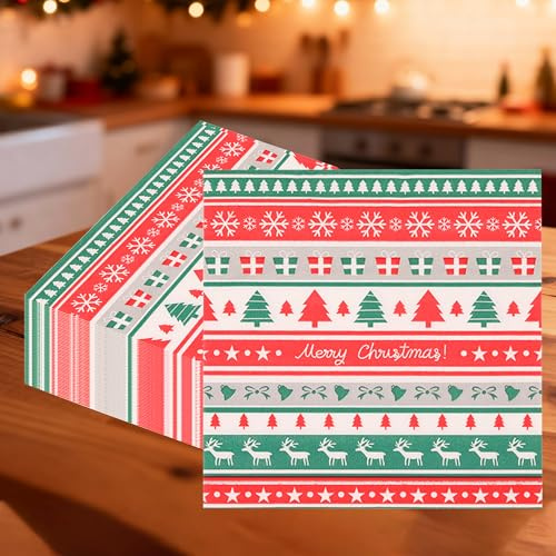 Trimming Shop 60 rote Weihnachtspapierservietten – 2-lagig, 33 cm, festliche Servietten mit Rentieren, Schneeflocken, Bäumen und Frohe Weihnachten, für Abendessen, Partys und Weihnachtsfeiertage