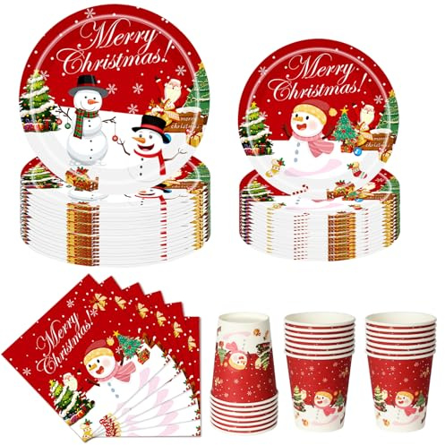 Nkaiso Set Posate di Natale USA e Getta, 96 Pezzi Set di Articoli in Carta per Feste Include Piatti di Carta, Tovaglioli, Bicchieri per Decorazioni per Feste a Tema Natalizio - 24 Ospiti