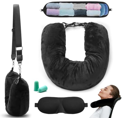 xolear Oreiller de Voyage a Remplir de Vetement, Noir | Tour de Cou Avion Portez un Masque pour Yeux et Bouchons D'oreilles, aux Voyages en Voiture ou en Avion, Pas de Remplissage