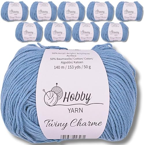 Hobby YARN - Twiny Charme Set – Cotton Wolle 50g je Garn, Baumwolle, Acryl, weich, Häkelgarn, Uni, Häkeln, Amigurumi, Strickwolle, Stickgarn (317 - Vintage Denim, 10er Set - Für große Ideen)