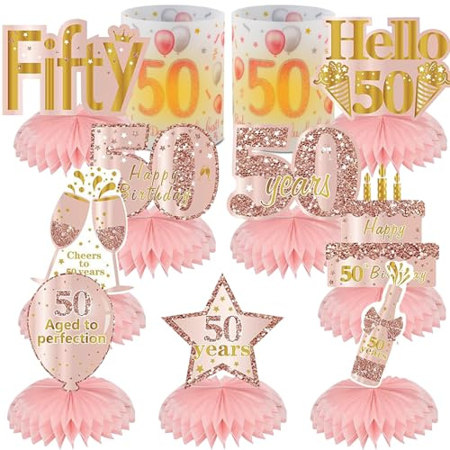 50 Geburtstag Frau Deko, Roségold Rosa Tischdeko 50. geburtstag | 9 Honeycomb und 2 Windlichter als stilvolle Tischdeko für den 50 Geburtstag einer Frau in Rosa und Roségold