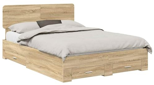 HFXHIJXQ Bettgestell 150 x 200 cm mit Kopfteil und Schubladen aus Holzwerkstoff Sonoma-Eiche Modernes Design Viel Stauraum Malm Optik für Schlaf und Gästebett im Schlafzimmer