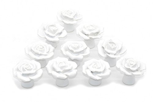 Fleur Rose Poignée de porte en céramique Commode Armoire de cuisine Placard Tiroir Poignées Lot de 10 pack,Blanc