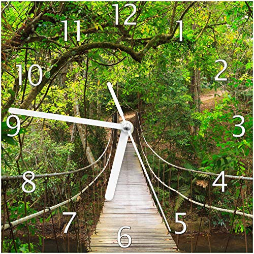 Wallario Design-Wanduhr Hängebrücke im Urwald grüner Dschungel aus Glas, Motiv-Uhr Größe 20 x 20 cm, weiße Zeiger
