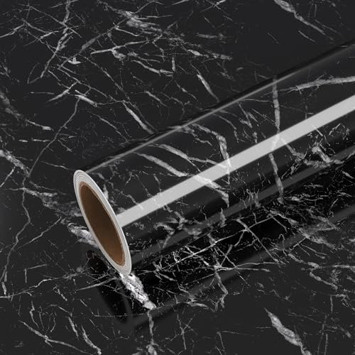 VEELIKE Schwarze Marmortapete Klebefolie Möbelfolie Marmor FolieTapete Tapeten Wandtapete Dekorfolie Schrank Folie Selbstklebend für Möbel Küche Schlafzimmer Wasserdichter Granitaufkleber 40cm x 300cm