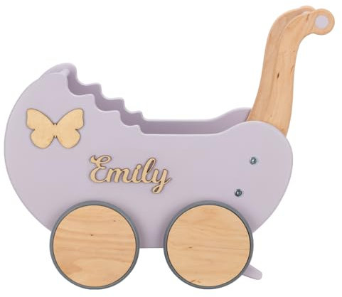 Puppenwagen ab 1 Jahr - Individuell mit Namen - Handgefertigter Puppenwagen - Holzpuppenwagen - Sicher Abgerundete Kanten - Ausdrucksstarke und Schöne Farben (Lavendel)