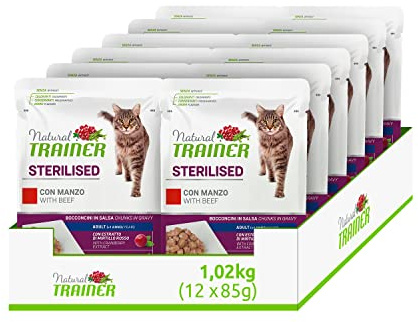 Natural Trainer Sterilised Adult Cibo Umido per Gatti con Manzo e Fibra di Pisello 12 buste x 85 g - 1020 gr