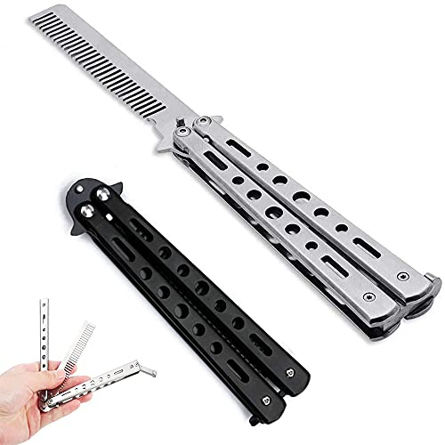 Peigne Papillon Peigne de Poche Pliable Peigne de Poche en Acier Inoxydable Peigne Couteau Papillon pour Débutant Peigne Pliant Cheveux Tondeuse à Papillon Produit de Salon (argent, Noir) 2 Pièces