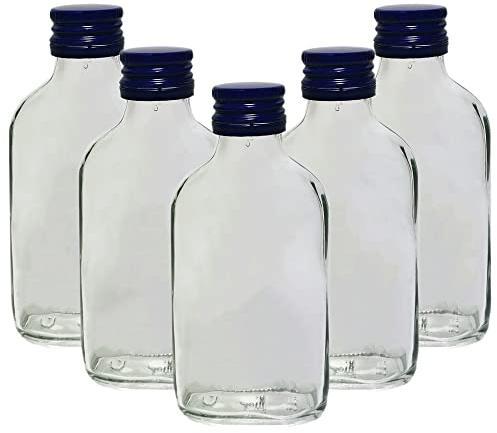 DIAH DO IT AT HOME 10 x Glass Pocket Flask Bottles 100 ml (0.1L) with Air-Tight Screw Caps - Filling Yourself... (10 x Bottles + BLUE Caps)