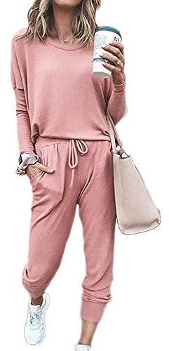 Sweatyshark Survêtement Femme Ensemble de Sport 2 Pièce Sweatshirt + Pantalon avec Poches Casual Pyjama D'Intérieur Jogging Pullover Outwear Tenue Yoga Sportswear,A Rose,L
