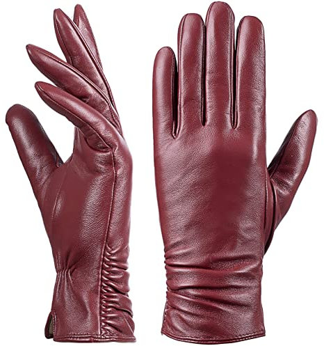 Damen Winter-Lederhandschuhe mit Touchscreen Text, warmes Lammfell, 100% reines echtes Leder (Rot, S)