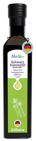 HerbBio Schwarzkümmelöl 250ml gefiltert, reich an THYMOCHINON, schonend kaltgepresst in Rohkostqualität, 100% naturrein, täglich mühlenfrisch, Made in Germany