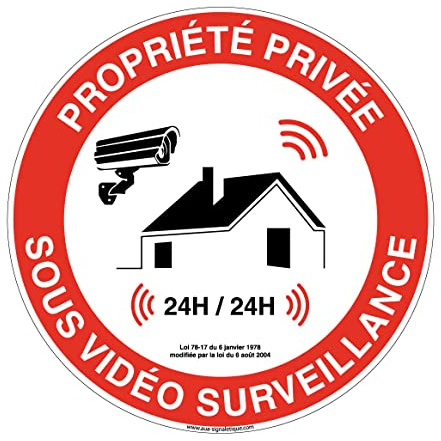 AUA SIGNALETIQUE - Panneau De Signalisation Circulaire en PVC 1.5 mm (Ø 290 mm, Propriété Privée Sous Vidéo 24h/24)