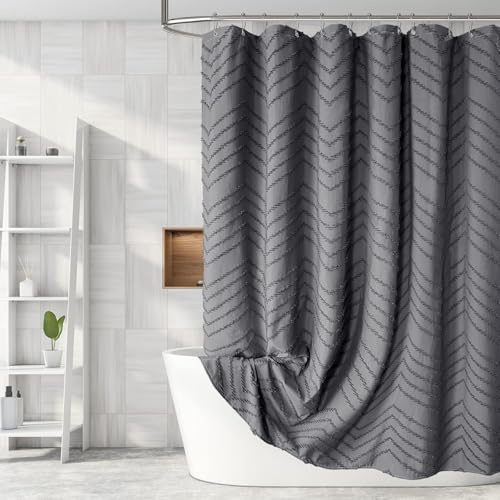 Boho-Duschvorhang, extra lang, 213 cm, getuftet, Chevron, gestreift, Stoff, für Badezimmer, modern, Shabby-Chic, wasserdicht, Stoff-Duschvorhang-Set mit Haken, Grau