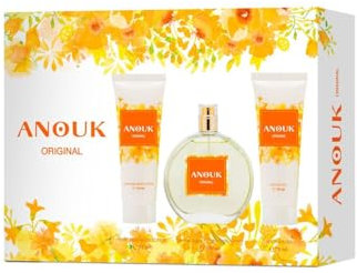 ANOUK - Original, Perfume 100 ml + Gel Baño 75 ml + Loción Corporal 75 ml, Estuche Regalo de Mujer, Pack Anouk 3 Pieza, Floral, Frutal y Fresca, Elegante y de Larga Duración
