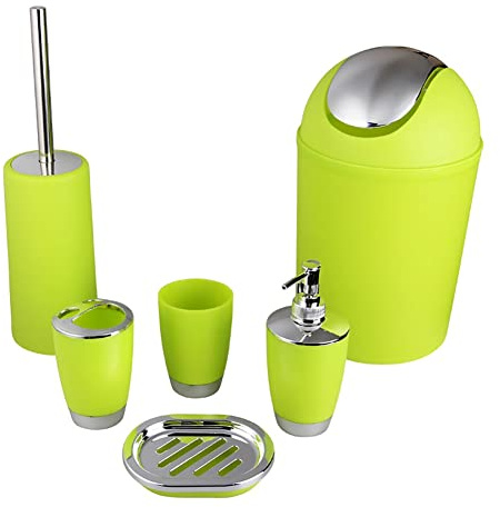 Worparsen Lot de 6 accessoires de salle de bain - Bouteille de lotion, brosse à dents, bain de bouche, gobelet, poubelle, porte-savon, brosse WC - Vert