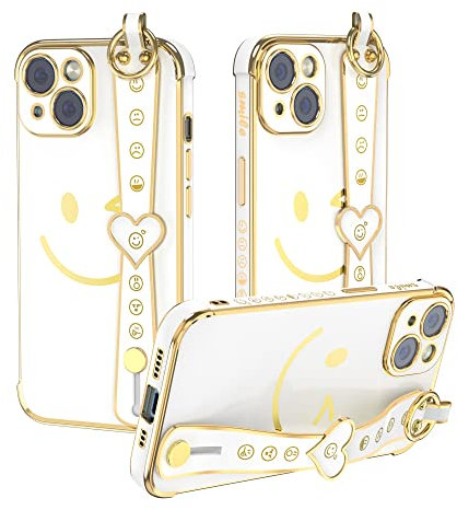 HOFULK Niedliche iPhone 13 Hülle mit Handschlaufe Ständer Smile Face Phone Cases für iPhone 13 für Frauen Mädchen Teenager Kinder Ästhetische Glitzer Cool Funny Kawaii Galvanisierte TPU Schutzhülle