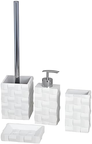 4 TLG. Bad-Set Relief weiß, Badezimmer Accessoires-Set mit WC-Garnitur, Seifenspender, Seifenschale und Zahnputz-Becher