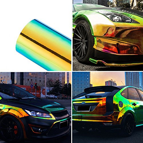 Holographic Laser Metallic Orange Green Car Vinyl Wrap Chameleon Chrome Self Adhesive Vinyl Wrap Multi Color Change DIY Car Body Film, 53.14'' x 11.8''
