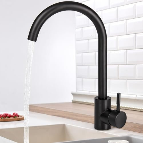 Virklyee Mitigeur Évier avec Bec Haut Mitigeur Cuisine à poignée unique Robinet de Cuisine, Froid & Chaud Disponible, installation et nettoyage facile, Acier Inoxydable, Forme en C(Noir)