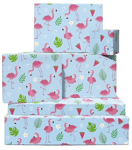 Flamingo Geschenkpapier – blaues Geschenkpapier – 6 Blatt Geburtstagsgeschenkpapier – tropische Blätter und Blumen – für Frauen – mit Aufklebern – von Central 23