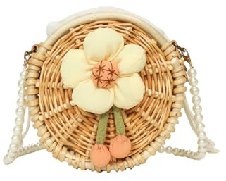 EASSL 16X16CM Cebo De Bautismo De Paja Pastoral Pequeña Bomba De Ratán Tejida Redonda Cadena De Perlas Bolsas Dolly De Perlas para Bodas Bolso De Fiesta De Noche Dama De Honor