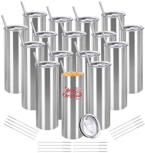 YOUKE OLA 16 Pack Stainless Steel Skinny Tumblers Cups Blank Bulk Straight Double Wall Insulated Tumbler with Lid and Straw for DIY Gift, 20oz Silver