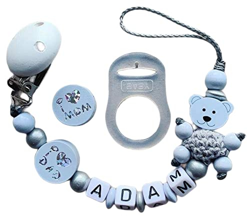 personalisiertes gestaltetes Babygeschenk mit Namen für Jungs in Blau Grau Baby Geschenk personalisiert zur Geburt & Taufe Love mom Dad & Teddy Bär