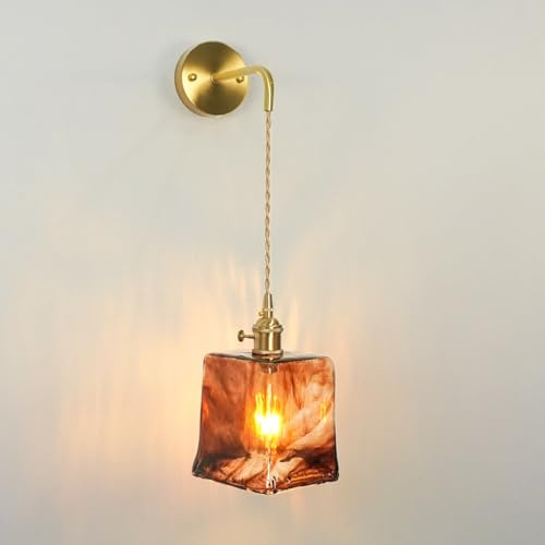 YOOCHUENG Vintage Wandleuchte mit Schalter für Nachttisch Schlafzimmer | E27 (Ohne Glühbirne),Drehschalter,Bohrbefestigung,Amber Glas Lampenschirm,Retro Wandlampe Hängend für Wohnzimmer Korridor Bar