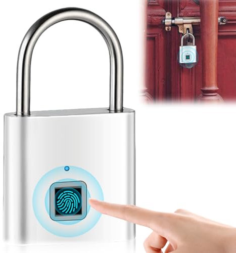 Fingerabdruck Schloss, Vorhängeschloss mit Fingerabdruck, Smart Schloss Fingerabdruck Wasserdicht USB-Aufladung Vorhängeschlöss für Gym Locker,Gepäck,Spind, Schrank, Büro, Haus(Silber)