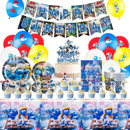 85 Stück Partygeschirr Set, Schlümpfe Geburtstagsdeko Kindergeburtstag Deko Party Supplies mit Luftballons Pappteller Tasse Tischdecke Servietten, Schlümpfe Party Dekoration für 10 Gäste