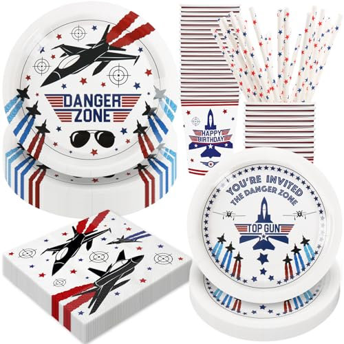 BOIKOKY 120 Pièces Décorations de Fête d'Anniversaire sur le Thème de Pilote d'Avion de Chasse, Fournitures de Fête sur le Thème de Jet Militaire, Vaisselle Jetable | Pour 24