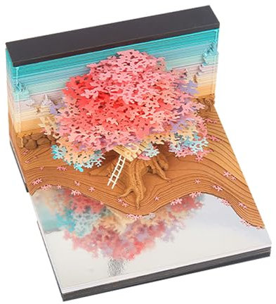 lvifloae 3D-Kunstkalender-Notizblock, heller niedlicher Sakura-Baumhaus-Dekor, 3D-Papierschnitzkunst-Notizblock für Büro, Zuhause, Lesezimmer, DIY-Notiz