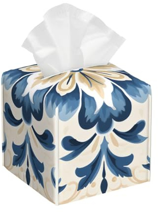 Mexpekil Copertura Quadrata Per Scatola Di Fazzoletti In Pelle Con Stampa Floreale Blu Geometrica Astratta Per Tavolo, Bagno, Auto, Ufficio