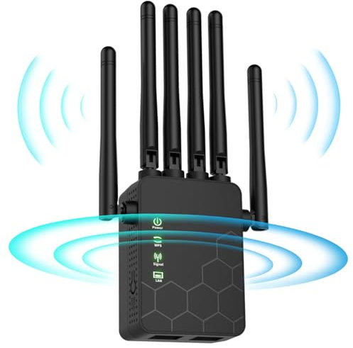 Ripetitore WiFi Potente per Casa,Amplificatore Wifi,6 Antenna,2 Porte LAN, 360° Copertura,Estensore WiFi per Casa e Ufficio,WiFi Extender,Coverage up to 10,000 sq.ft,Facile installazione -nero