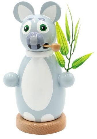 Holz Räuchermann, Räucherfigur, Räuchermännchen als Koala mit Eukalyptusblatt in grau und weiß, Größe: L/B/H 8 x 8 x 12 cm.