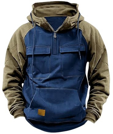 Hoodies for Men UK Clearance 1/4 Zip Tactical Combat Pullover Vintage Solid Color Hooded Cargo Sweatshirts Workout Gym Sports Outdoor Sportwear Pullover Jumpers Activewear