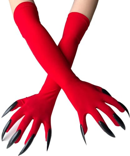 Halloween Gloves with Long Nails Cosplay Costume Claw Paw Gloves Mitts Pointed Fingernails Ghost Bizarre Gloves Hand Mittens for Halloween Cosplay (Red, One size)