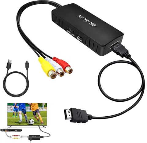 Convertidor RCA a HDMI 1080P, Adaptador Compuesto CVBS de 3 RCA a HDMI con Cable USB de Carga, Soporte PAL/NTSC para TV, Wii, Xbox, STB, VHS, VCR, DVD, PC PS2 - Cable HDMI Incluido