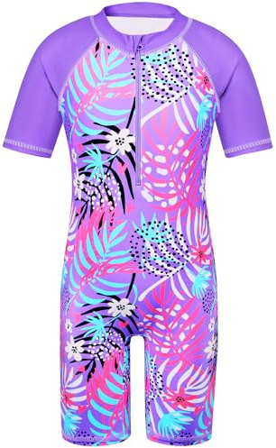 HUAANIUE Filles Maillot de Bain 1 Pièce 2-12 Ans, Anti-UV UPF 50+ Manches Courtes, Fermeture Éclair Frontale, Imprimés Colorés, Idéal pour Plage et Piscine (S255-Feuilles Violettes, 8-10 Ans)