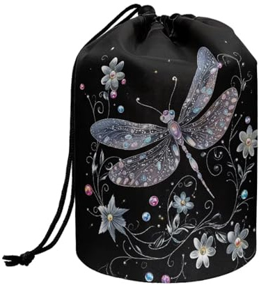 Wnbucioht Black Art Dragonfly Drawstring Cosmetic Bag Open Flat Toiletry Bag Travel Essentials Makeup Organizer Case for Women Girls Gift Dragonfly Print Drawstring Wash Bag with Brush Holder & Pouch