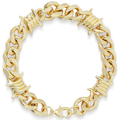 LuxGoth Bracciale in acciaio inossidabile con filo spinato grosso cubano catena a maglie grosse gotiche punk rock biker vintage vichingo rovo link bracciale gioielli per uomo donna oro GTS-B1B45052