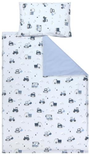 TupTam Kinder Bettwäsche Gemustert 2-Teilig Wendebettwäsche, Farbe: Baufahrzeuge/Bagger/Blau/Grau, Größe: 120x90 cm
